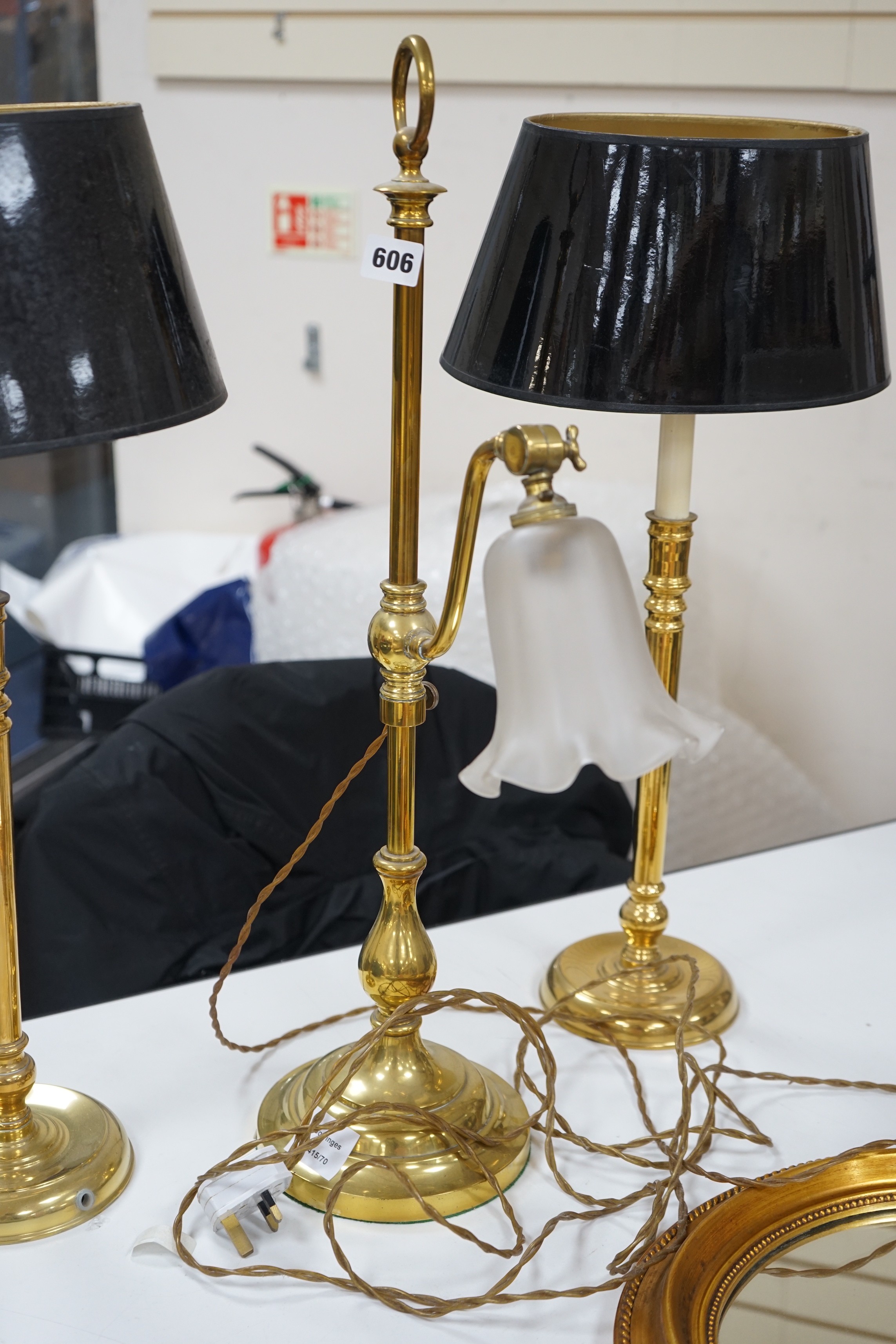 A pair of brass table lamps and another with glass shade (3)